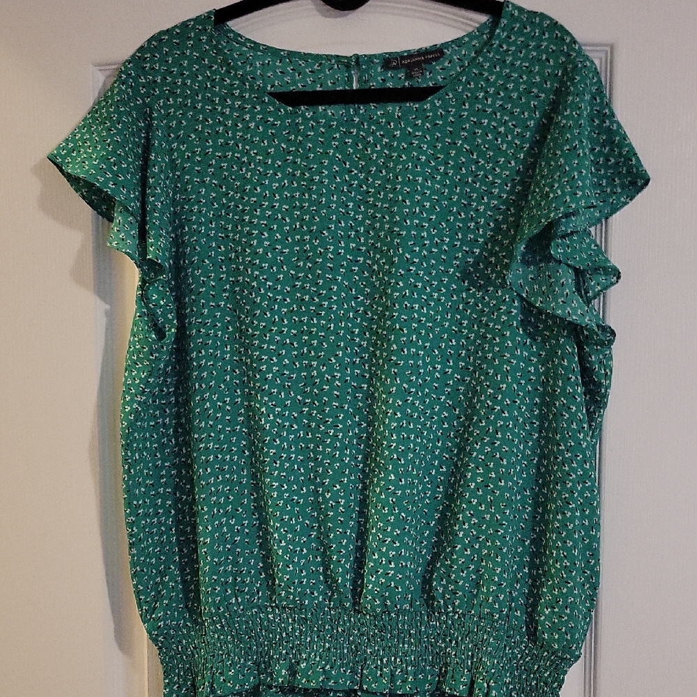 Adrianna Papell Green Floral Flutter Sleeve Blouse XL
